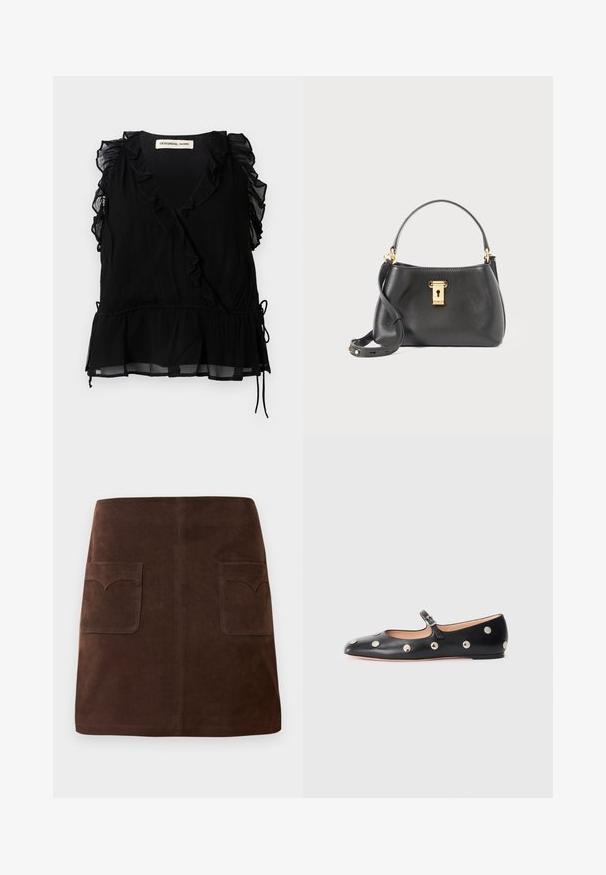 Top noir sans manches avec des bords volants, décolleté en V et ourlet évasé. Fabriqué en tissu léger avec une finition texturée et détail à cordon de serrage.; Jupe en suède marron présentant une silhouette A-line classique, deux poches avant avec des rabats arrondis et des détails de couture discrets.; Chaussure plate en cuir noir type Mary Jane avec un bout arrondi, ornée de clous ronds en argent et dotée d'une sangle réglable avec une boucle.; Sac à main en cuir noir avec une finition texturée, présentant une fermeture à verrou doré, une courte poignée et une bandoulière détachable.