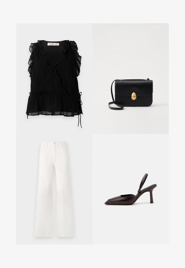 Top negru fără mâneci, cu margini ondulate, decolteu în V și tiv evazat. Fabricat dintr-un material ușor, cu o finisare texturată și detalii cu șnur.; Jeans albe, cu talie înaltă și croială largă, realizate din denim. Dispun de închidere cu buton, două buzunare frontale și cusături detaliate pe laterale.; Pump slingback din piele lacuită maro, cu vârf ascuțit și toc subțire, înalt. Prezintă un design elegant și o textură de suprafață fină.; Geantă de mână din piele neagră, cu o formă rectangulară structurată. Are un capac oval auriu și o curea subțire pentru umăr. Textură netedă.