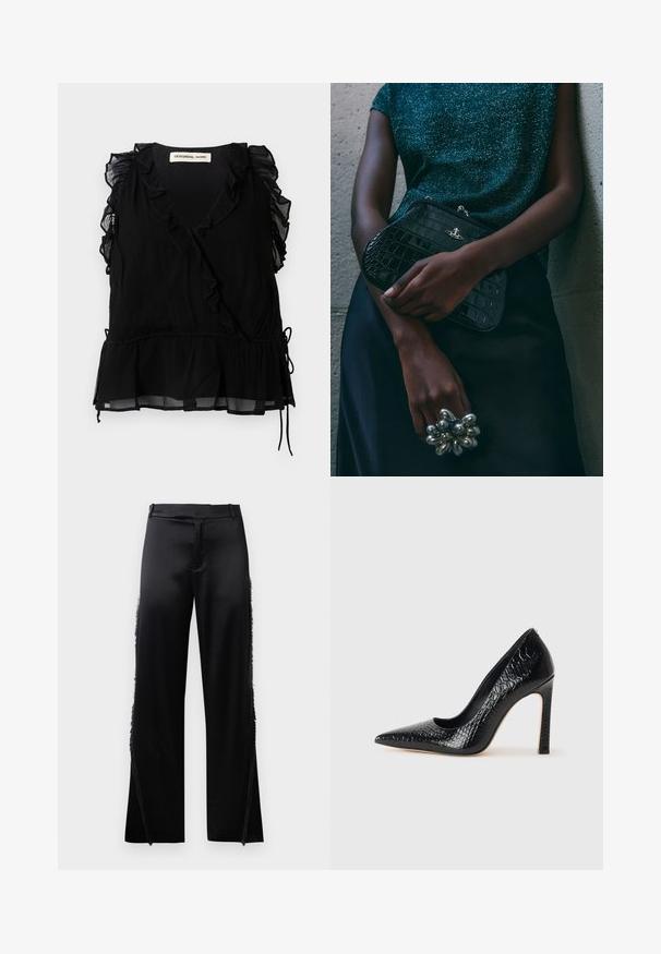 Juodas be rankovių viršus su volanų kraštais, V formos iškirpte ir platėjančiu apačiu. Pagamintas iš lengvo audinio su tekstūruotu paviršiumi ir raišteliu.; Juodos satino kelnės su plačiomis kojomis, kurių šoninėse siūlėse yra kutai, o priekyje – plokščias juosmuo. Paprastas galas be kišenių.; Juoda smailiakulnė aukšto kulno bateliai su krokodilo odos tekstūra, pasižymintys elegantišku dizainu, aukštu stiletu kulnu ir lygia juoda vidine dalimi.; Juodas krokodilo odos rašto vakarėlis su sidabriniais aksesuarais, laikomas prieš tekstūruotą pilką foną. Pasižymi blizgiu paviršiumi.