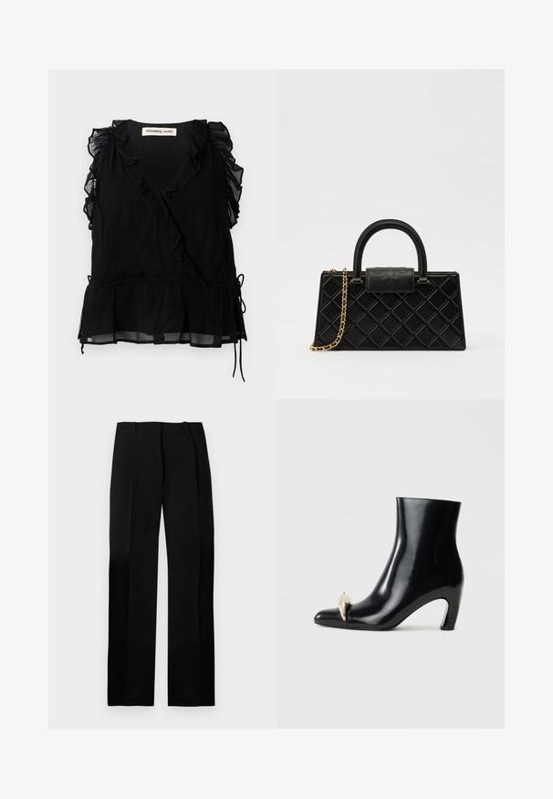 Top noir sans manches avec des bords volants, décolleté en V et ourlet évasé. Fabriqué en tissu léger avec une finition texturée et détail à cordon de serrage.; Pantalon noir sur mesure avec une texture lisse, coupe droite et plis à l'avant. Comprend une ceinture plate sans quincaillerie visible.; Bottine noire en cuir brillant, avec un bout pointu et un accent décoratif en or et argent à l'avant. Design à talon carré.; Sac à main noir en cuir texturé, avec un motif en diamant, une sangle en chaîne dorée, et une poignée supérieure avec un rabat à fermeture logotypée.