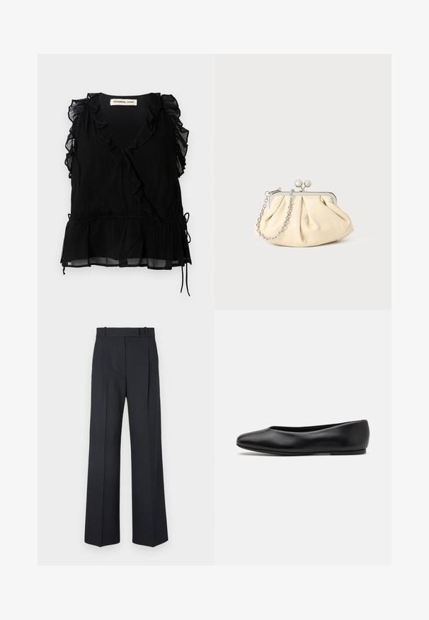 Black sleeveless top with ruffled edges, V-neckline, and a flared hem. Made of lightweight fabric with a textured finish and drawstring detail.; Dark blue pinstriped trousers with a high waist, wide leg design, and no visible hardware or embellishments. Smooth texture and tailored fit.; Paul Smith TOPANGA - Ballet pumps - black; Pleated beige leather clutch with a silver metal frame, featuring two round decorative clasps and a silver chain strap.