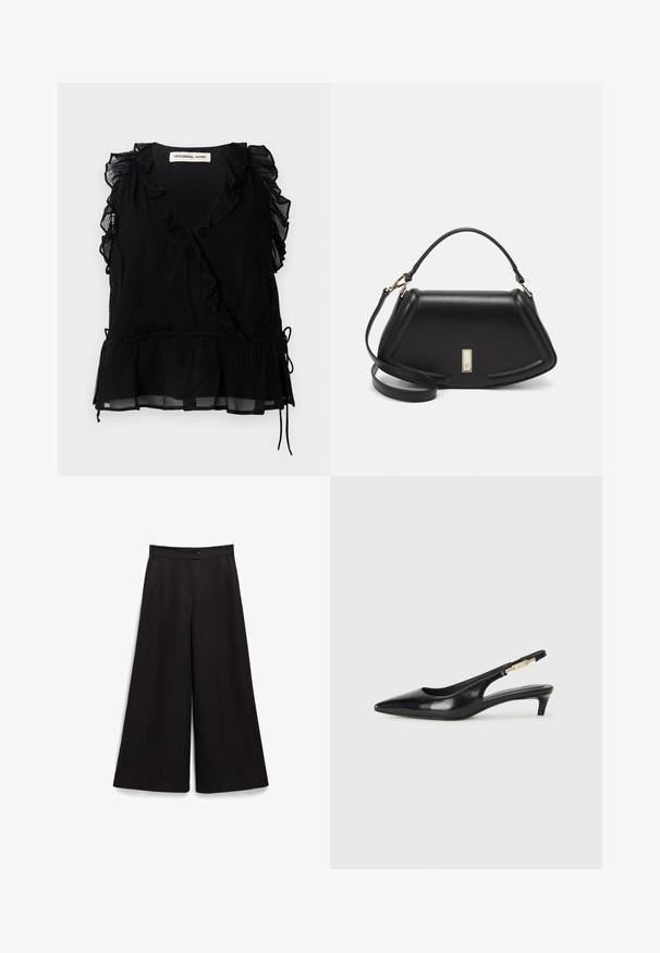 Top noir sans manches avec des bords volants, décolleté en V et ourlet évasé. Fabriqué en tissu léger avec une finition texturée et détail à cordon de serrage.; Pantalons larges noirs avec une texture lisse, une fermeture à bouton à la taille et une coupe décontractée. Pas de motifs ni d'accents visibles.; Talons hauts en cuir noir avec un bout pointu, dotés d'un talon fin et d'un accent en ton or sur la lanière réglable. Texture lisse.; Sac à main en cuir noir avec un design structuré, featuring une forme cropped, une poignée supérieure et des accents en matériel doré. Bandoulière réglable incluse.