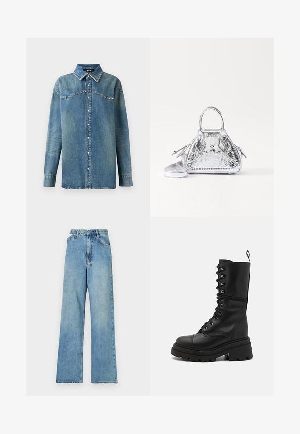 Zils denima garām piedurknēm krekls ar snap pogām, norādītu apkakli un rhinestone detaļām gar yoke un apkakles malām.; Gaiši zili džinsi ar platu kāju griezumu, vidēja augstuma jostasvietu, piecām kabatām un pogu aizdari, kas ir aprīkota ar metāla detaļām un nodilumu.; Melni ādas auklējami zābaki ar masīvu zoli, augstu kāju un strukturētu virsmu, ar metāla acīm un vilkšanas cilpu.; Metāliski sudraba rokassomiņa ar trīsstūra formu, aprīkota ar divām rokturiem un noņemamu siksnu. Gluda tekstūra ar rāvējslēdzēju aizdari un dekoratīviem akcentiem.