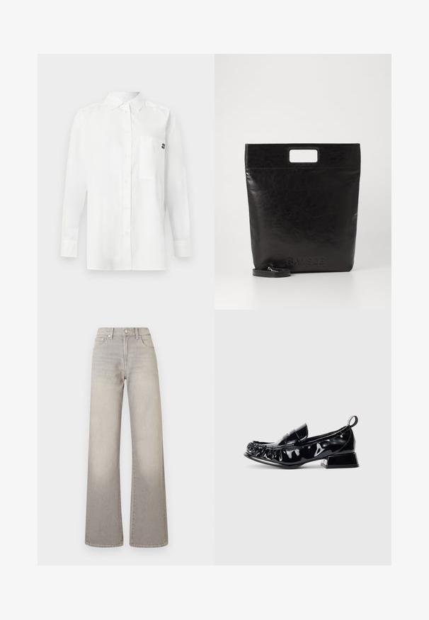 Valkoinen pitkähihainen paita, joka on valmistettu puuvillasekoitteesta. Paidassa on napillinen kaulus, etutasku ja pieni musta logo rinnassa.; Harmaat leveälahkeiset farkut, joissa on haalistunut pinta, nappisuljenta, viisi taskua ja ommeltu yksityiskohtaus saumoissa.; Musta kiiltävä keinonahkainen loafer neliskanttisen varpaan, rypytetty yksityiskohta, matala lohkoheitto ja vetotappi takana valkoista taustaa vasten.; Musta nahkainen kassi neliskulmaisella kahvalla, jossa on teksturoitu pinta ja kohokuvioitu logo. Mukana irrotettava olkahihna.