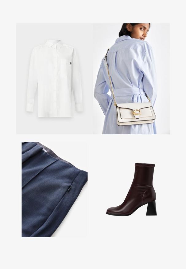 Biela košeľa s dlhým rukávom vyrobená z bavlneného zmesi, s golierom na gombíky, prednou vreckom a malým čiernym logom na hrudi.; Námornícke modré nohavice s textúrovanou tkaninou, so bočnou vreckou na zips a skladaným detailom na páse.; Stradivarius BLOCK - Klasické členkové čižmy - dark red; Biely kožený kabelka so zlatým kovovým spracovaním, predným klapkou a čiernymi okrajmi, s reťazovou š strapcom nosenou cez telo na svetlomodrej košeli.
