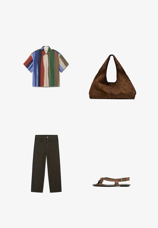 Korte mouwen overhemd met knopen en verticale strepen in blauw, groen, rood, beige en bruin. Gemaakt van lichtgewicht stof met een ontspannen pasvorm.; Donkergroene wijde jeans van een katoenmix, met een sluiting met een voorste knop, vijf zakken en klassieke denimstiksels.; Bruine leren sandaal met een open teen en zijuitsparingen. Voorzien van een enkelband met een metalen gesp en een platte zool.; Bruine suède schoudertas met een open bovenkant. Heeft een diepe, brede vorm, een uitsnijdend handvat en een minimale stiksels voor een strak ontwerp.