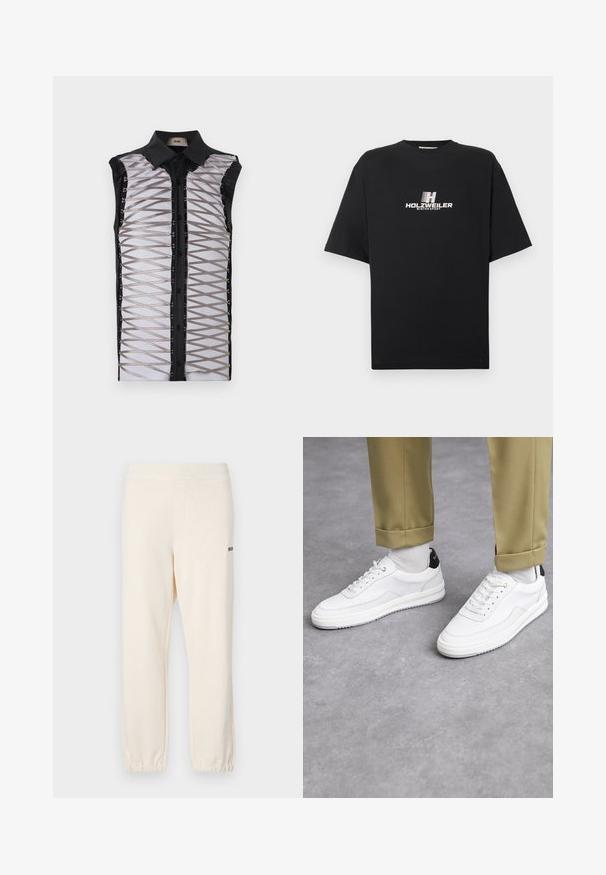 Černý bezrukávový top s průhledným předním dílem, křížovými popruhy, zapínáním na knoflíky a strukturovaným límečkem.; Černé bavlněné tričko s kulatým výstřihem a krátkými rukávy. Na přední straně se nachází bílý potisk s logem "HOLZWEILER WINTERSPORT".; Krémové tepláky s elastickým pasem a manžetami, vybavené bočními kapsami a malým černým logem na zadní straně.; Bílé tenisky s texturovaným koženým povrchem, zaoblenou špičkou a černým akcentem na patě. Gumová podrážka s malým vzorem a šitými detaily.