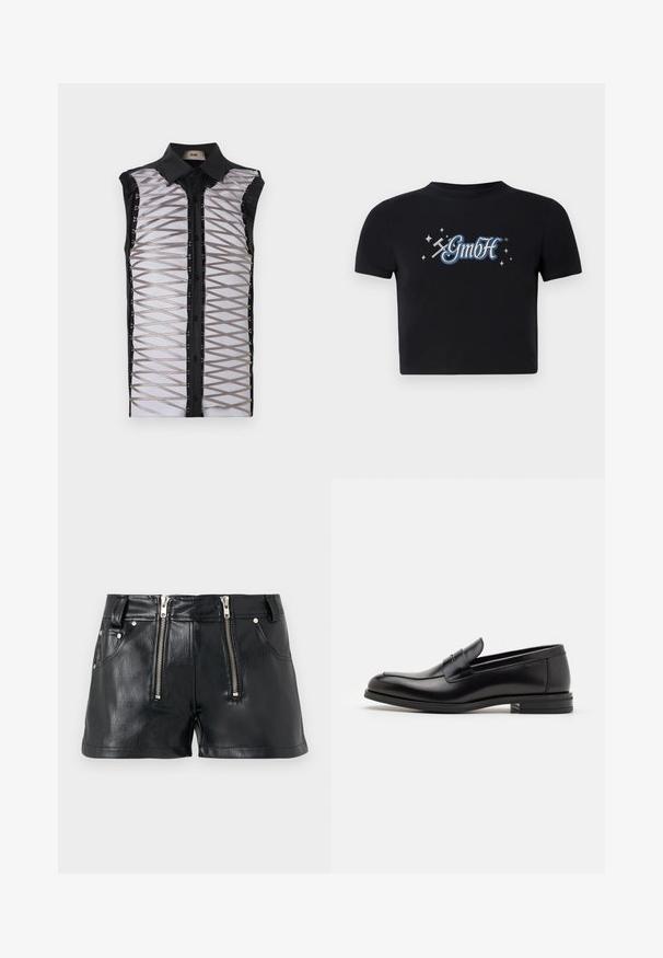 Juoda be rankovių marškinėliai su permatomu priekiniu atvartu, kryžminėmis juostelėmis, knopkų uždarymu ir struktūriniu apykakle.; Juodas trumpas marškinėliai, pagaminti iš medvilnės, su apvaliu kaklu, priekyje turi mėlyną ir baltą „GmbH“ logotipą, supdytą mažais žvaigždutėmis.; Juodas dirbtinės odos šortai su dviem priekiniais užtrauktukais, dviem šoninėmis kišenėmis ir lygiu, blizgiu paviršiumi. Trumpas ilgis ir pritaikytas siluetas.; Juodos odinės loafers, turinčios lygų paviršių, apvalią noselę ir dekoratyvinę juostą per priekinę dalį. Žemas krentantis kulnas, minimalistinis dizainas.