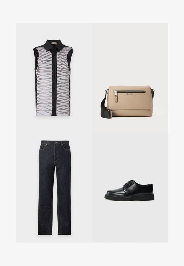 Musta hihaton paita, jossa on läpinäkyvä etuosa ristikkäisillä hihnoilla, napitus ja muotoiltu kaulus.; Tummat farkut, suoran lahkeiden leikkaus, kontrastiväriset keltaiset ompeleet, viiden taskun malli ja edessä nappisulkimella.; Musta nahkainen nyörillinen kenkä, jossa pyöreä kärki, sileä pinta ja musta kumipohja, jossa on kuvioitu pinta. Minimalistinen muotoilu ilman näkyviä kuvioita.; Beige nahkainen olkatasku, jossa on teksturoitu pinta, etupuolella vetoketjullinen tasku ja säädettävä musta hihna. Logo näkyvillä edessä.