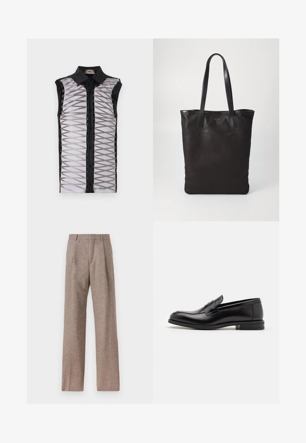 Zwarte mouwloze shirt met een doorschijnende voorkant, gekruiste banden, knoopsluiting en een gestructeerde kraag.; Bruine, hooggewaisted broeken van een gestructureerde stof. Heeft wijde benen en twee voorplooien voor extra structuur. Net afgewerkt zonder zichtbare hardware.; Zwarte leren instappers met een gladde textuur, ronde neus en een decoratieve band over de wreef. Lage, gestapelde hak en minimalistisch ontwerp.; Zwarte canvas schoudertas met zwarte leren handvaten. Eenvoudig ontwerp, ruime body en een gladde textuur. Geen zichtbare logo's of patronen.