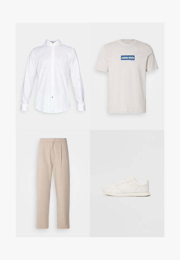 Hvit langermet skjorte laget av glatt stoff, med klassisk krage, knappelengde foran og avrundet nederkant med en liten knappedetalj.; Hvit bomull T-skjorte med en blå rektangulær logo med "calvin klein" og "new york city" i hvit tekst på forsiden. Klassisk passform.; Beige, plissert bukser laget av myk stoff. Den har elastisk midje, rette ben og en glatt tekstur. Ingen lommer eller detaljer.; Hvit sneaker med en mesh- og syntetisk overdel, rund tå, flate lisser og en teksturert sidestropp. Gummisåle med en pull-tab bak.