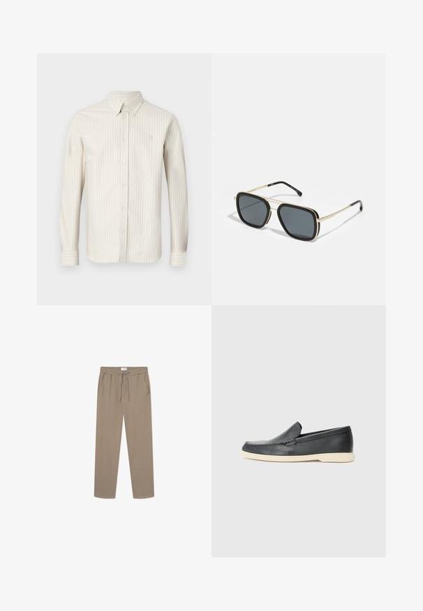 Camisa listrada beige claro com colarinho abotoável, mangas longas e um logo discreto no peito. Tecido suave com textura em relevo vertical.; Calças leves em bege com um padrão texturizado, cintura com cordão e bolsos laterais. Design de perna reta, adequado para uso casual.; Mocassins pretos em couro com acabamento texturizado e sola de borracha bege em contraste. Apresenta um detalhe subtil na parte da frente.; Óculos de sol pretos e dourados com formato quadrado, armação metálica, lentes cinza-escuras e ponteiras pretas. Apresenta um design de ponte dupla.
