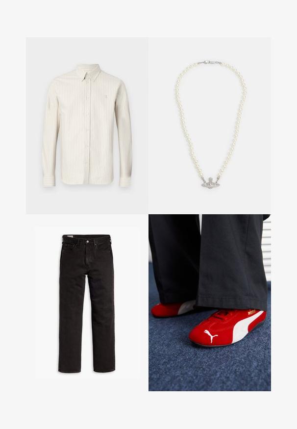 Camicetta a righe beige chiaro con colletto a camicia, maniche lunghe e un logo discreto sul petto. Tessuto morbido con una texture a coste verticali.; Jeans in denim neri a gamba dritta con cinque tasche, chiusura a bottone e passanti per cintura, adagiati su uno sfondo bianco.; Sneakers in camoscio rosso con accenti bianchi, caratterizzati da materiale testurizzato, punta rotonda e un logo dorato di lato, indossati con pantaloni neri.; Collana di perle con chiusura in tono argento. Caratterizzata da perle bianche rotonde e un centro decorativo impreziosito da strass.