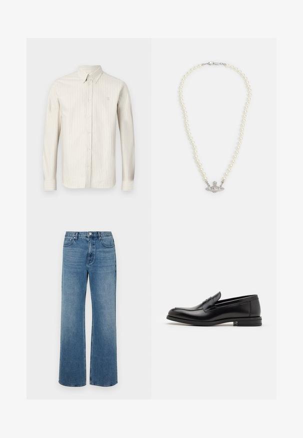 Camicetta a righe beige chiaro con colletto a camicia, maniche lunghe e un logo discreto sul petto. Tessuto morbido con una texture a coste verticali.; Jeans a gamba larga blu in denim con una finitura sbiadita. Presentano cinque tasche, una chiusura con bottone frontale e una vestibilità dritta.; Mocassini neri in pelle con una texture liscia, punta arrotondata e una striscia decorativa sulla tomaia. Tacco basso impilato, design minimalista.; Collana di perle con chiusura in tono argento. Caratterizzata da perle bianche rotonde e un centro decorativo impreziosito da strass.