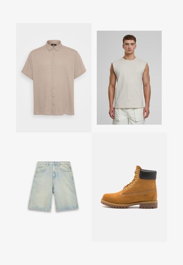 Chemise à manches courtes en tissu beige clair, avec un col et des boutons sur le devant. La texture semble lisse et légèrement texturée.; Urban Classics OPEN EDGE SLEEVELESS - Débardeur - cloud; Shorts en denim bleu clair avec une coupe ample, cinq poches, léger effet usé et coutures apparentes. Dotés d'une fermeture à bouton et à glissière.; Bottine en daim beige avec un col rembourré noir, œillets en métal doré, détails de surpiqûres blanches et semelle en caoutchouc robuste avec des crampons prononcés.