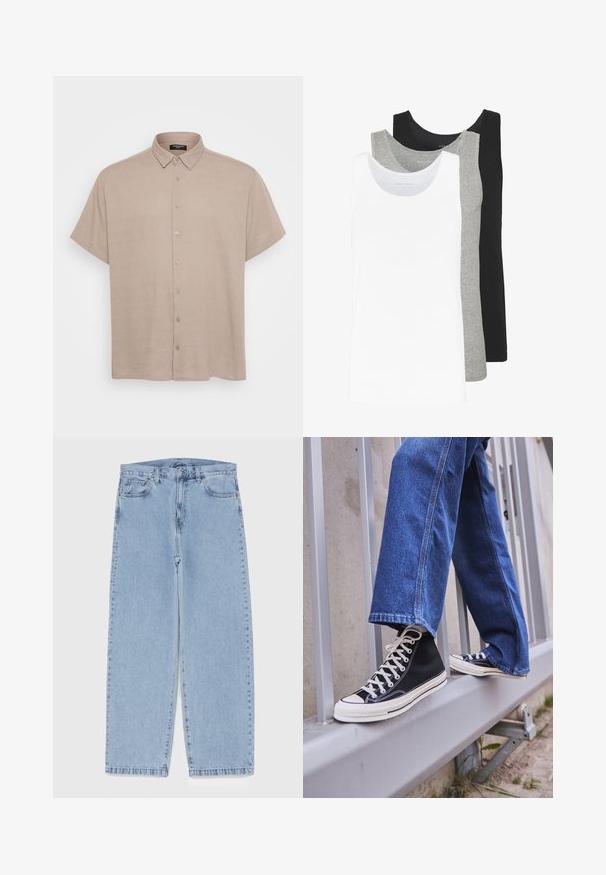 Camicia a maniche corte con bottoni in tessuto beige chiaro, dotata di colletto e bottoni frontali. La texture appare liscia e leggermente strutturata.; Tre canottiere in bianco, grigio e nero. Ognuna presenta un classico design senza maniche, realizzata in leggero cotone con una texture a costine.; Jeans in denim azzurro chiaro con design a gamba dritta, caratterizzati da una vita media, cinque tasche e chiusura con bottone e zip.; Scarpe da ginnastica nere alte con suola e lacci bianchi, abbinate a jeans di denim blu larghi, appoggiate su un parapetto grigio.