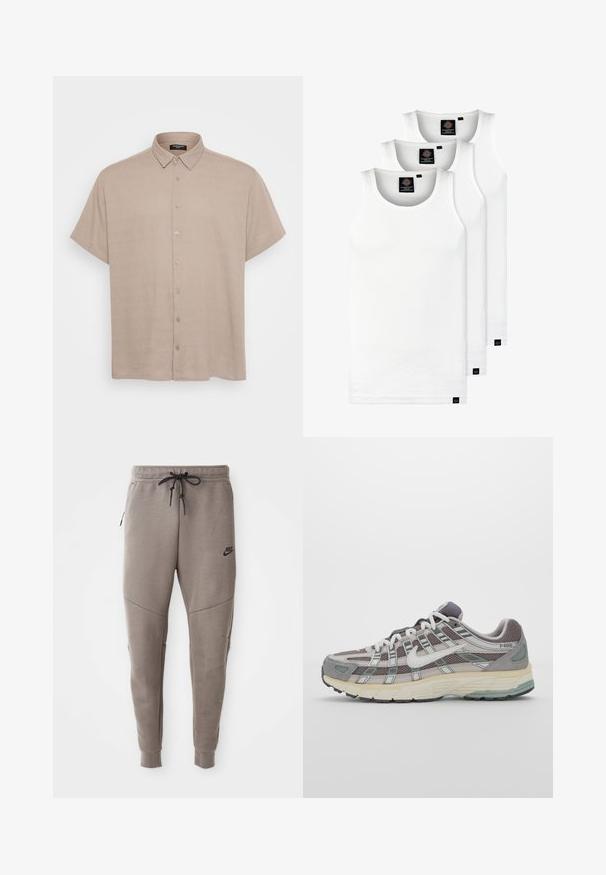 Camicia a maniche corte con bottoni in tessuto beige chiaro, dotata di colletto e bottoni frontali. La texture appare liscia e leggermente strutturata.; Tre canotte bianche a coste in cotone. Presentano un colletto rotondo e piccole etichette nere vicino all'orlo. Disponibile in diverse taglie.; Pantaloni sportivi Nike grigi con cintura regolabile, gambe affusolate, tasche laterali e dettagli di cucitura distintivi. Tessuto morbido e texture.; Scarpa sportiva grigia con tomaia in mesh e suede, dettagli bianchi, suola ammortizzata e un design distintivo con elementi riflettenti.