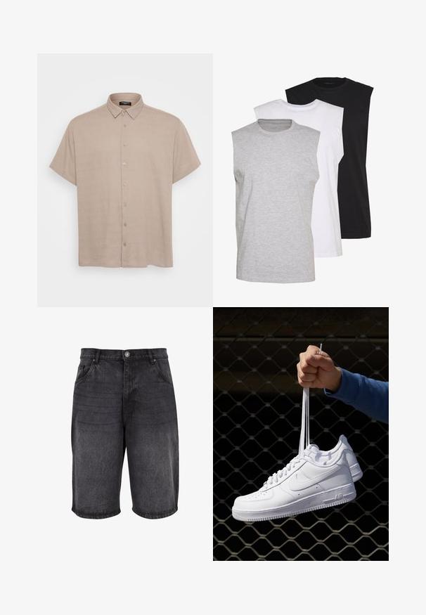 Korte mouwen overhemd met knopen van lichtbeige stof, met een kraag en knopen aan de voorkant. De textuur lijkt glad en lichtjes gestructureerd.; Drie mouwloze T-shirts in grijs, wit en zwart. Zacht katoenmateriaal met een ronde hals en een relaxte pasvorm. Eenvoudig ontwerp, geen patronen.; Zwarte denim short met een relaxte pasvorm, vijf zakken en een knoopsluiting. De stof heeft een zachte textuur met subtiele vervaging.; Witte leren sneakers met perforaties, ronde neus, vlakke zool en dikke veters, met een zichtbare swoosh-logo en "AIR" op de hiel.