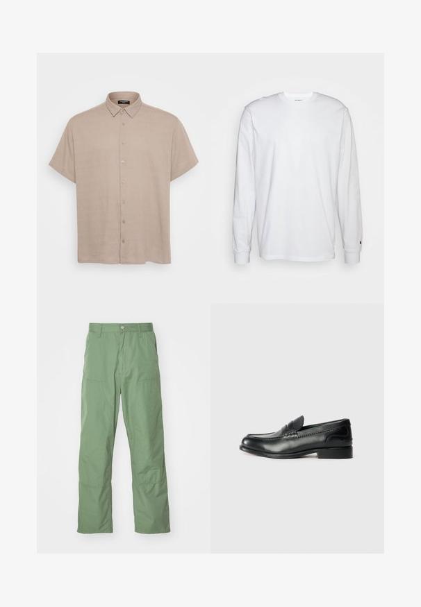 Koszula z krótkim rękawem, zapinana na guziki, w jasnobeżowym materiale, z kołnierzykiem i guzikami z przodu. Faktura wydaje się gładka i lekko teksturowana.; Biała, długospełna koszulka wykonana z bawełny. Klasyczny krój z okrągłym dekoltem, ściągaczami na rękawach oraz małym logiem na lewym rękawie. Gładka tekstura.; Jasnozielone spodnie o luźnym kroju z gładką teksturą, z bocznymi kieszeniami i widocznymi detalami szycia. Pełnej długości z prostym krojem nogawki.; Czarne skórzane mokasyny z gładkim wykończeniem, haftowanymi detalami wzdłuż przodu buta oraz lekko podniesionym obcasem.
