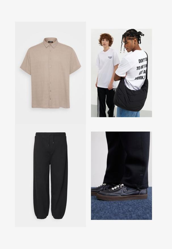 Rövid ujjú, gombos ing világos bézs anyagból, gallérral és elülső gombokkal. A textúra simának és enyhén érdesnek tűnik.; Fekete melegítőnadrág puha anyagból, elasztikus derékkal, állítható zsinórral és a bokáknál szűkülő szárakkal.; Nike Sportswear KILLSHOT 2 LTR PRM OPP2 - Sportcipő - black sail baroque brown mtlc dk grey; Fekete steppelt válltáska puha textúrával, egy fehér grafikás pólót viselő személyen, amely bátor szöveget tartalmaz. Lazán öltözködik farmernadrágban.