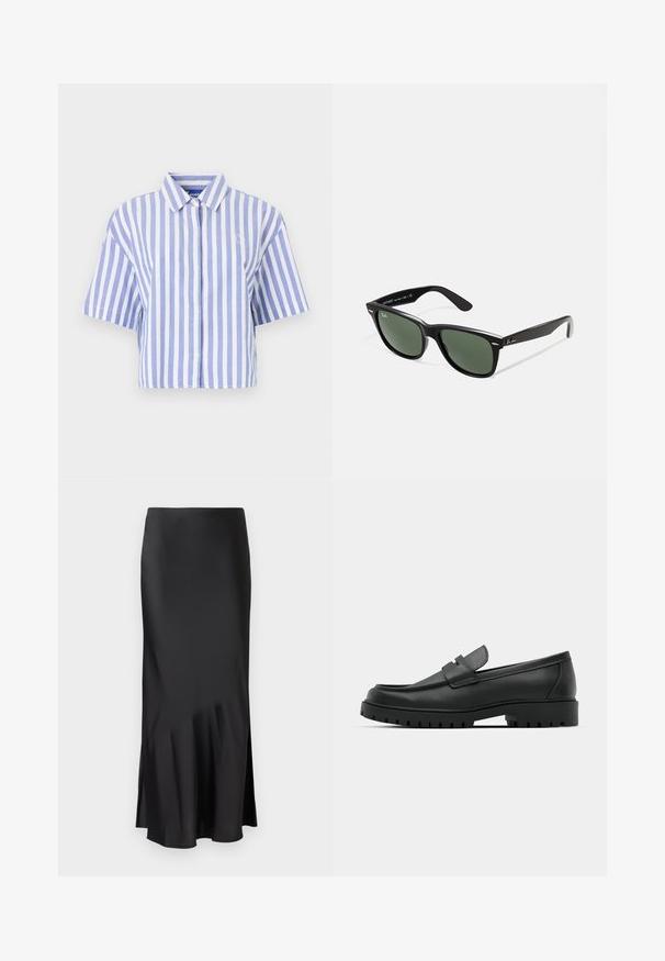Camisa de manga corta recortada en rayas verticales en azul claro y blanco, con botones en la parte delantera, cuello clásico y tejido suave.; Falda midi de satén negro con un diseño elegante, que presenta un ligero vuelo en el dobladillo y una abertura lateral para facilitar el movimiento. Textura suave.; Mocasines de cuero negro con punta redonda, que cuentan con un diseño cosido, suela de plataforma baja y una suela de goma texturada y con tacos.; Gafas de sol de plástico negro con lentes verdes, montura cuadrada, acento plateado en la ceja y brazos texturizados. Marca indicada en el brazo interno.; Bolso de cuero marrón oscuro con dos asas superiores, acentos en hardware dorado, un detalle de cierre frontal y texturas cosidas en los laterales.