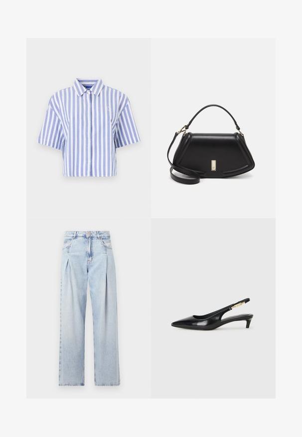 Lühikeste varrukatega lühikeseks lõigatud helesinise ja valge vertikaalse triibuga särk, nööpidega ees, klassikalise kraega, pehme tekstuuriga kangas.; Heledad sinise denimist valmistatud teksapüksid kõrge vöökohaga, laia jala lõikega, kahe külje taskuga ja pleedi disainiga. Pehme tekstuur ja pleekinud viimistlus.; Mustad nahast slingback kontsad terava ninaga, millel on õhuke konts ja kuldse tooni aktsent reguleeritaval rihmal. Sile tekstuur.; Must mustrist käekott, millel on struktureeritud disain, lühendatud kuju, ülemine käepide ja kuldne metallist detail. Reguleeritav õlalihm on kaasas.