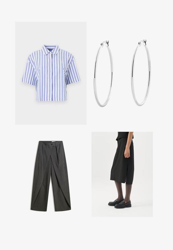 Cropped short-sleeve shirt in light blue and white vertical stripes, button-down front, classic collar, soft textured fabric.; Gray pinstripe trousers with a relaxed fit, featuring a single button closure, pleats, and a wide leg design.; Black knee-length skirt with side slit, paired with black loafers and sheer brown tights, featuring a smooth fabric and simple design.; Silver hoop earrings with a smooth, polished surface and a thin, circular shape. The design features a secure clasp.