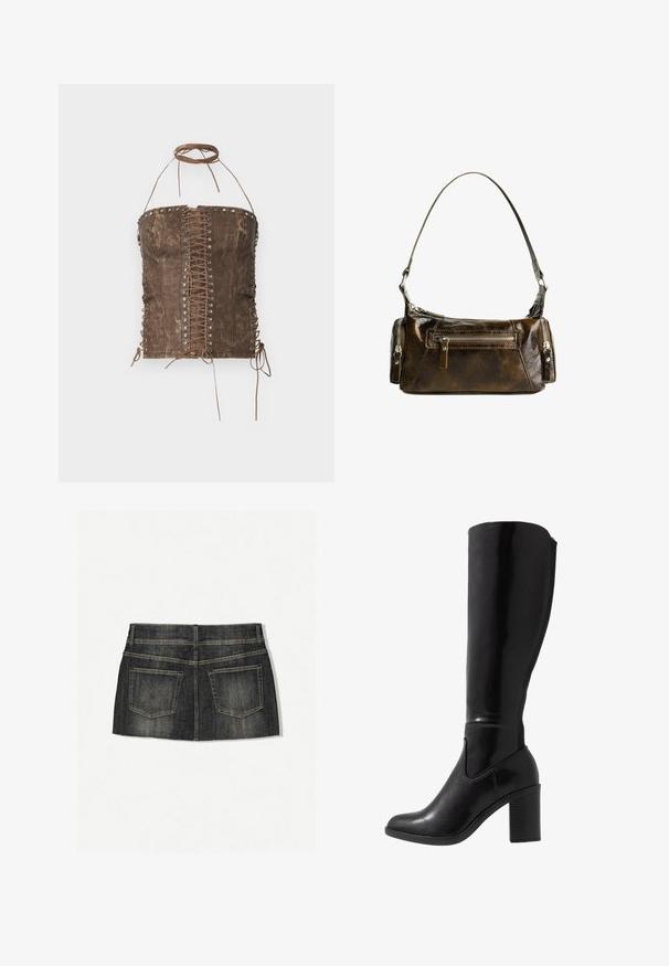 Brown faux leather corset top with a lace-up front, silver eyelets, and adjustable ties on sides and neckline. Smooth texture, fitted design.; Denim mini skirt in dark wash with a distressed texture. Features five-pocket design, rope stitch detailing, and a straight hem.; Knee-high black glossy heeled boots with a rounded toe, smooth texture, side cutout detail, and a chunky stacked heel.; Brown leather handbag with a curved shape, silver hardware, and two zippered pockets on the front. Adjustable shoulder strap included.