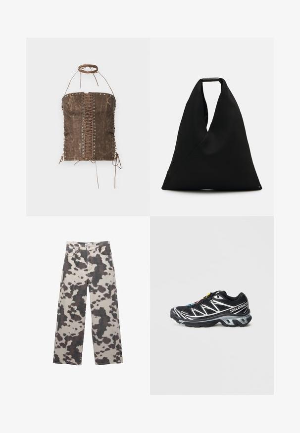 Top corsetto in finta pelle marrone con chiusura a laccio frontale, occhielli in argento e lacci regolabili sui lati e sullo scollo. Tessuto morbido, design aderente.; Jeans a gamba larga di colore beige con motivo a stampa di mucca marrone. Presentano una chiusura con bottone e design a cinque tasche. Realizzati in tessuto denim.; Scarpa da corsa nera con accenti argento, materiale GORE-TEX, suola testurizzata e lacci colorati. Presenta un tallone imbottito per supporto.; Borsa tote in tessuto nero con un design unico a forma di V e una texture liscia. Presenta un manico corto con dettagli hardware minimalisti.