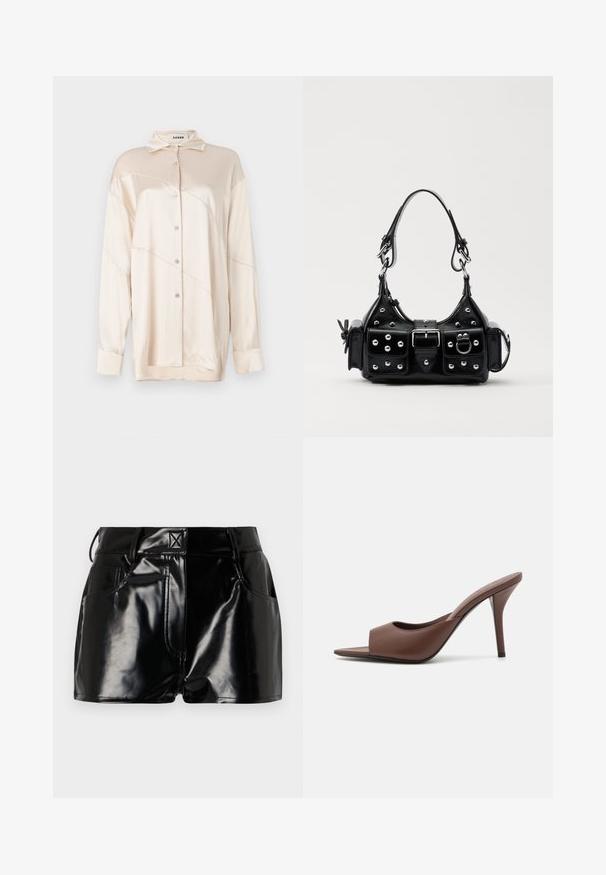 AERON ABIGAIL SHIRT - Button-down blouse - silver; Black, glossy shorts made of synthetic material. Features a fitted waist, belt loops, and front pockets with prominent stitching details.; Brown leather open-toe high-heeled mules with a sleek design, featuring a wide front strap and a slender stiletto heel.; Black leather handbag with a curved design, featuring silver studs, a buckle, and two side pockets. Adjustable strap for carrying options.
