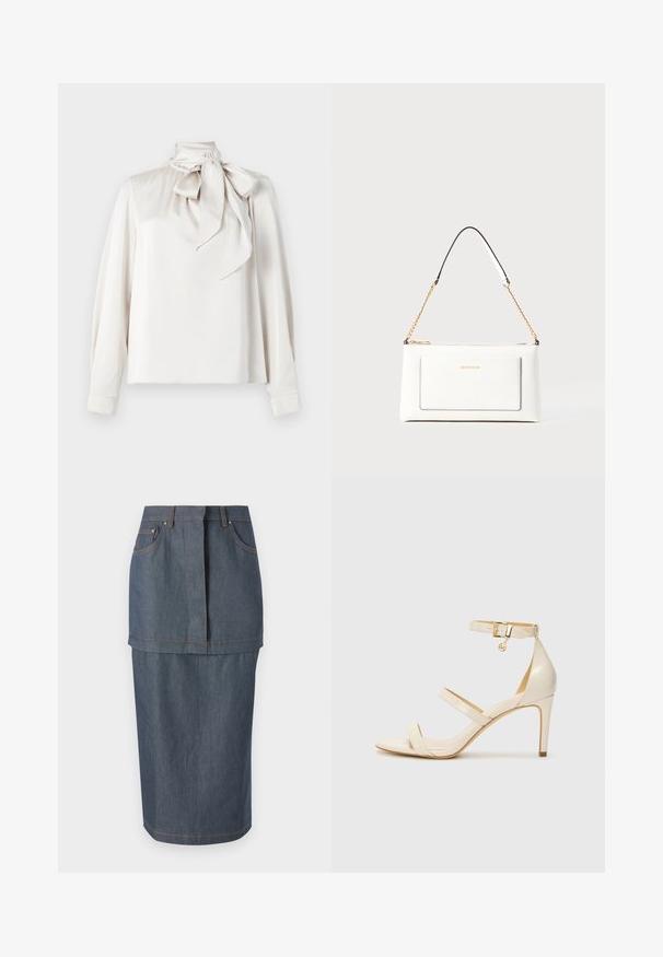 Bluză bej deschis cu mâneci lungi, guler înalt și o fundă mare la gât. Textură netedă și croială ușor lejeră.; Fustă din denim cu o nuanță albastru închis, cu buzunare frontale, talie ajustată și o croială până la genunchi, accentuată de cusături contrastante.; Sandale cu toc înalt bej, cu curea subțire la gleznă și două curele superioare. Finisaj lucios din patent și detalii din metal auriu pe cureaua de la gleznă.; Geantă de mână din piele albă cu un finisaj texturat, având o curea din lanț aurie și accente negre. Include un buzunar frontal și închidere cu fermoar.