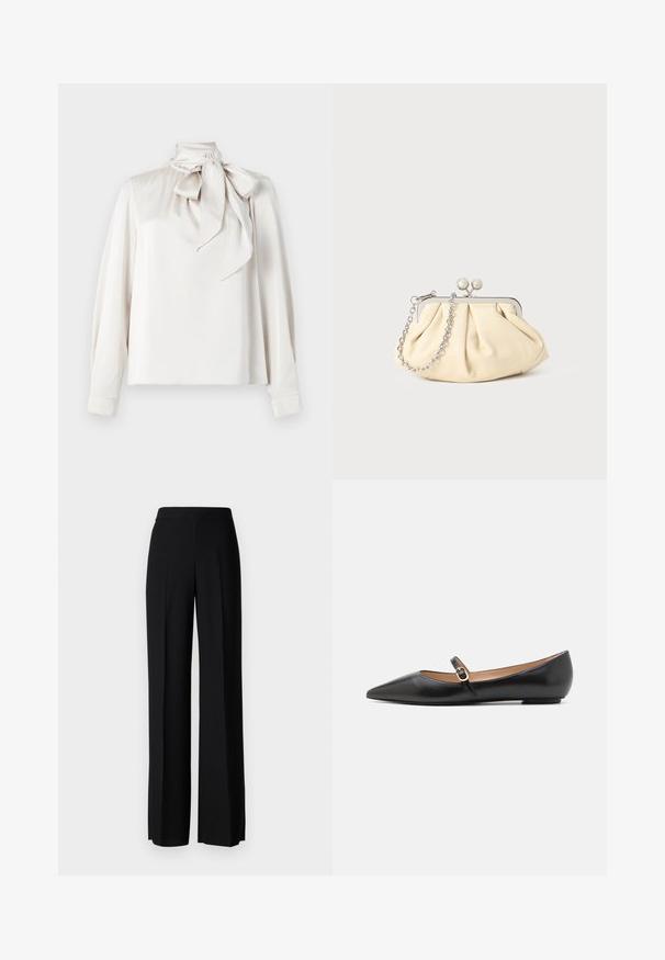 Jasno beżowa bluzka z długimi rękawami, wysokim kołnierzem i dużą kokardą przy szyi. Gładka tekstura i lekko luźny krój.; Czarne spodnie o szerokim kroju, o gładkiej fakturze, z wysokim stanem i centralnymi kantami. Brak widocznych wzorów lub detali metalowych.; Czarne skórzane baletki z wydłużonym noskiem i bocznym paskiem z okrąłym złotym akcentem. Lekkie z płaską podeszwą.; Złożona beżowa skórzana kopertówka z srebrną metalową ramą, z dwoma okrągłymi dekoracyjnymi zapięciami i srebrnym łańcuszkiem.