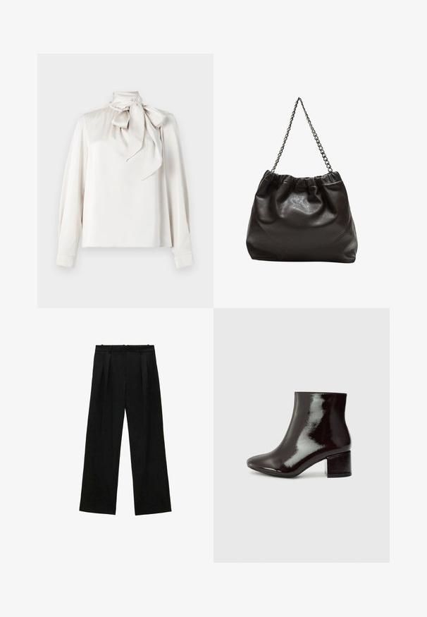 Vaaleanbeige pusero, jossa on pitkät hihat, korkea kauluks ja suuri rusetti kaulalla. Suunnitelma on sileä ja hieman löysä.; Mustat leveälahkeiset housut, joissa on pleateja, sileä textuuri ja korkea vyötärömalli. Minimalistinen tyyli, ei näkyvää varustelua tai koristeita.; Mustat patenttiketju nilkkurit teräväkärkisillä ja paksuilla koroilla. Sujuva pinta, jossa on hienovarainen kiilto ja selkeät linjat, minimalistinen muotoilu.; Ruskea nahkainen laukku, jossa on kerätty yläosa ja ketjuhihna. Tasainen pinta, jossa kiiltävä viimeistely ja hienovaraiset sauman yksityiskohdat sivuilla.