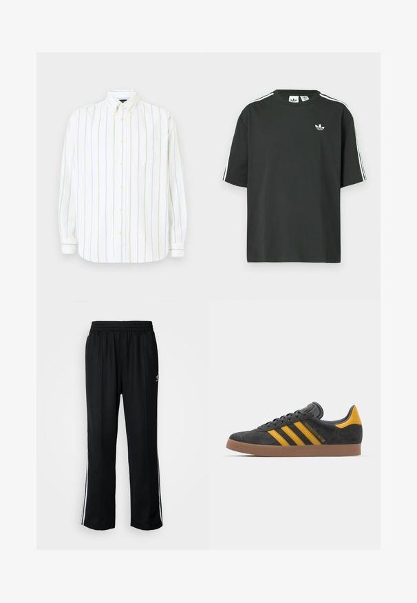 Camisa branca de mangas longas com riscas verticais em verde claro e azul, com botão à frente, colarinho pontiagudo e um único bolso no peito.; T-shirt preta de algodão com mangas curtas, gola redonda e detalhe branco de três riscas nos ombros. Apresenta um pequeno logotipo branco no peito.; Calças atléticas pretas com um cós elástico, apresentando riscas brancas laterais e um pequeno logótipo. O material parece macio e leve.; Tenis em camurça preta com detalhes amarelos, apresentando três riscas e uma sola de borracha castanha. Inclui uma língua acolchoada para maior conforto.