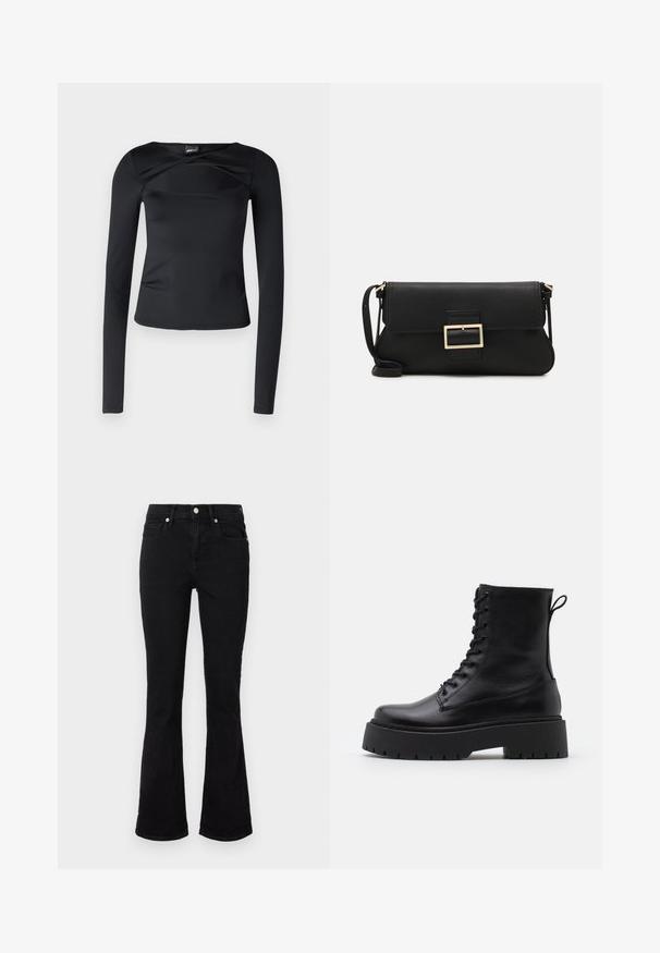 Juodas ilgomis rankovėmis maikas, pagamintas iš lygaus audinio. Pasižymi plačiu apvaliu iškirpimu ir suktuku priekyje, turintis aptemptą siluetą.; Juodos džinsinės kelnės su platėjančiomis kojomis, vidutinio aukščio juosmeniu, priekinėmis kišenėmis ir mygtuko užsegimu. Lygus paviršius su minimaliais siuvimo detalėmis.; Juodos odinės aulinukės su apvalia nosimi, raišteliais priekyje ir storesniu guminio pado apačioje su tekstūruotu raštu. Priekyje yra kilputė.; Juodas odinis dėkliukas su atvarteliu ir auksinės metalinės sagties detalėmis. Įeina juodas diržas ir elegantiškas, minimalistinis dizainas.; Aukso spalvos žiedo auskarai, ploni ir apvalūs, su lygiu metaliniu paviršiumi be papuošimų ar raštų.