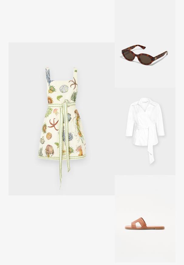 White wrap shirt with a collared neckline, three-quarter sleeves, and a tied waist. Made of smooth fabric with a structured fit.; Alemais SEA MINI DRESS - Day dress - cream; Brown leather slide sandal featuring an open toe design, wide strap with cut-out detail, flat sole, and smooth texture.; Tortoiseshell sunglasses with rounded frames, dark lenses, and gold logo detailing on the temples. Smooth plastic material, no visible patterns.