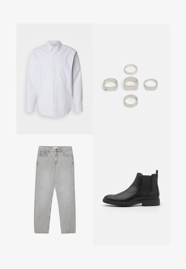 Biała koszula z długim rękawem wykonana z lnu, z pionowymi niebieskimi paskami, z zapięciem na guziki z przodu i wytłoczonym logo "CALVIN KLEIN" na piersi.; Jasnoszare dżinsy o prostym kroju nogawki, z pięcioma kieszeniami i zapięciem na guzik. Widoczne szwy wzdłuż szwów.; Czarne skórzane botki typu Chelsea z elastycznymi panelami bocznymi i uchwytem, z zaokrąglonym noskiem i teksturowaną gumową podeszwą.; Zestaw sześciu metalicznych srebrnych pierścionków w różnych kształtach, w tym okrągłych i kwadratowych, o gładkiej powierzchni i minimalisticznym wzornictwie.