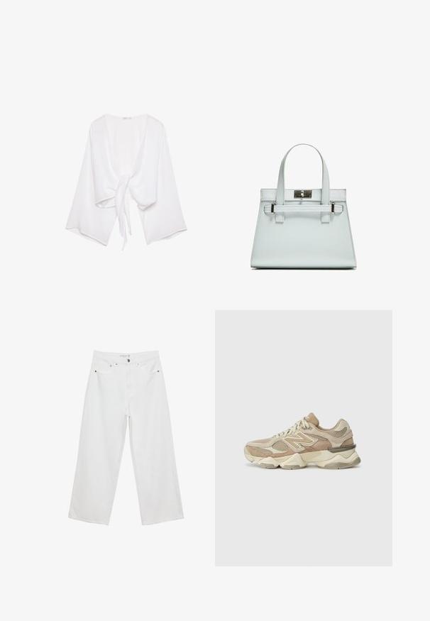 Witte cropped top gemaakt van lichtgewicht stof. Heeft een striksluiting aan de voorkant en brede, klokvormige mouwen. Geweven oppervlakte.; Witte wijde jeans van denim met een hoge taille, voorzien van vijf zakken en metalen hardwareaccenten. Gladde textuur, geen zichtbare patronen.; Beige sport sneakers van gaas- en suede materialen, met een ronde neus, dikke zool en opvallende reflecterende accenten aan de zijkant.; Lichtblauwe handtas met gestructureerd ontwerp, twee handvatten en een zilverkleurige slot. Getextureerd materiaal en scherpe hoeken.