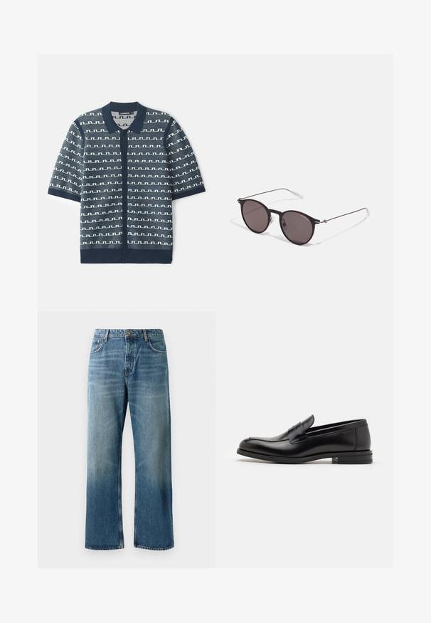 Námornícky pletený cardigan s krátkym rukávom, ktorý má geometrický biely vzor, zapínanie na gombíky a klasický golier. Textúrovaná látka s kontrastnými akcentmi.; Svetlomodré široké džínsy s vyblednutým praním, s jedným gombíkom na zapínanie, piatimi vreckami a kontrastným prešívaním.; Čierne kožené mokasíny s hladkou textúrou, zaoblenou špičkou a dekoračným pásikom cez priehlavok. Nízky vrstvený opätok, minimalistický dizajn.; Čierne okrúhle slnečné okuliare s tmavými sklami a tenkými kovovými ramenami. Obsahujú priehľadné konce rámov a strieborné akcenty na pántoch. Minimalistický dizajn.