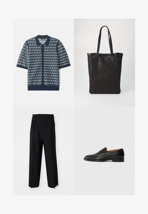 Navy lyhythihainen neuleliivi, jossa on geometrinen valkoinen kuvio, napitus ja klassinen kaulus. Korkealaatuinen kangas, jossa on kontrastivärejä.; Mustat laskostetut housut, joissa on suora, leveä lahje. Valmistettu sileästä kankaasta, jossa on nappisuljenta ja vyölenkit.; Musta nahkainen loafer, jossa on pyöreä kärki, hienovarainen ommelkoristelu ja matala korko, joka on varustettu sileällä pinnalla ja minimalistisella designilla.; Mustat kangaskassit mustilla nahkahandleilla. Yksinkertainen muotoilu, tilava runko ja sileä pinta. Ei näkyviä logoja tai kuvioita.