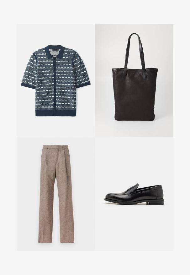 Navy korteblauwe gebreide cardigan met korte mouwen, gekenmerkt door een geometrisch wit patroon, knoopsluiting en een klassieke kraag. Gestructureerde stof met contrasterende accenten.; Bruine, hooggewaisted broeken van een gestructureerde stof. Heeft wijde benen en twee voorplooien voor extra structuur. Net afgewerkt zonder zichtbare hardware.; Zwarte leren instappers met een gladde textuur, ronde neus en een decoratieve band over de wreef. Lage, gestapelde hak en minimalistisch ontwerp.; Zwarte canvas schoudertas met zwarte leren handvaten. Eenvoudig ontwerp, ruime body en een gladde textuur. Geen zichtbare logo's of patronen.