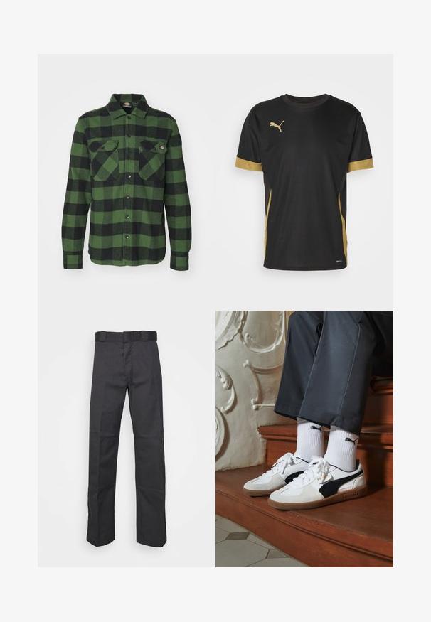 Groene en zwarte geruite flanellen overhemd met twee borstzakken, knopen aan de voorkant, lange mouwen en een puntige kraag. Zachte textuur.; Zwarte sport T-shirt met gouden accenten op de mouwen en zijkanten. Voorzien van een ronde hals, korte mouwen en vochtregulerende DRYCELL-stof.; Zwarte broek van duurzaam materiaal, met een rechte pijpdesign, een tailleband met riemlussen en naden voor extra textuur.; Puma sneakers in wit en zwart suède, met een bruine rubberen zool. Gecombineerd met witte sokken met een zwart logo, gedragen met donkere broek.