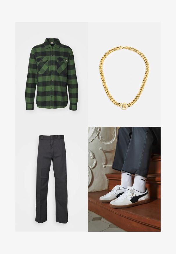 Žalias ir juodas čekiuotas flanelinis marškinėlis su dviem krūtinės kišenėmis, mygtukais priekyje, ilgomis rankovėmis ir smailiu apykaklė. Minkšta tekstūra.; Juodos kelnės, pagamintos iš patvarios medžiagos, su tiesiais kaire, juosmeniu su diržo kilpomis ir siūlėmis, suteikiančiomis tekstūrą.; Puma sportbačiai baltoje ir juodoje zomšo spalvų derinys, su rudu guminio pado apdaila. Derinama su baltais kojiniais, kuriuose pavaizduota juoda logotipas, dėvimi su tamsiomis kelnėmis.; Auksinė grandinė su dideliais susijungusiais žiedais, centruje uždedamas apskritas pakabukas su iškilnia emblema.