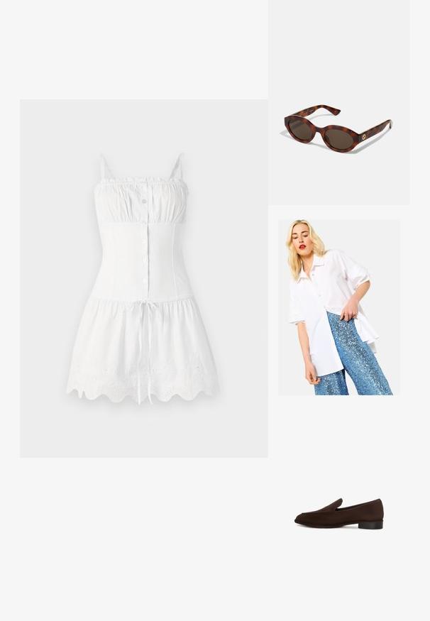 Camisa blanca de manga corta con cuello, combinada con pantalones azules con lentejuelas, que presentan un corte holgado y una textura de tela suave.; Vestido de algodón blanco con tirantes finos, frente de botones, corsé ajustado y falda acampanada. Presenta dobladillo bordado en ondas y cintura con cordón.; Zapato marrón de tipo slip-on con una textura suave, forma alargada, tacón bajo y diseño minimalista. Sin patrones o adornos visibles.; Gafas de sol carey con montura redondeada, lentes oscuros y detalles en dorado con el logo en las varillas. Material de plástico suave, sin patrones visibles.; Tory Burch RADZIWILL COLOR-BLOCK PEBBLED PETITE DOUBLE BAG - Bolso de mano - wild mushroom