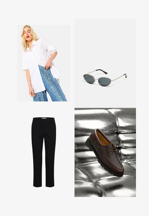Biela košeľa s krátkym rukávom a golierom, v kombinácii s modrými nohavicami so flitrami, majúca voľný strih a hladkú textúru látky.; Čierne bavlnené nohavice s rovnými nohavicami. Obsahujú päť vreciek a zapínanie na prednom tlačidle. Hladká textúra, minimálne detaily šitia.; Hnedé kožené loďkové topánky s čiernou gumovou podošvou položené na lesklej metalickej striebornej prešívanej ploche.; Kovové slnečné okuliare s oválnymi tmavými sklami a striebornými rámami. Obsahujú tenké nožičky s čiernymi akcentmi a priehľadné nosové podložky.
