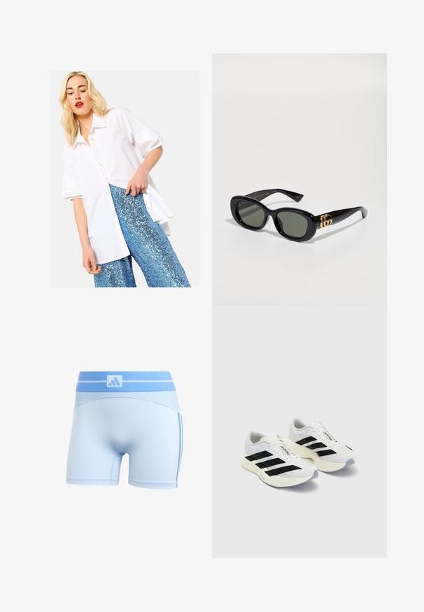 Camicia bianca a maniche corte con colletto, abbinata a pantaloni blu con paillettes, caratterizzati da una vestibilità morbida e una trama di tessuto liscia.; Pantaloni sportivi azzurri chiari con un design aderente. Presentano un elastico a coste in vita e sottili strisce laterali di un blu più scuro.; Scarpe sportive bianche con strisce e marchio neri, dotate di tomaia in rete, punta arrotondata e suola spessa di color crema per un'ammortizzazione ottimale.; Occhiali da sole in plastica nera con lenti verdi, caratterizzati da una forma ovale e un dettaglio del logo dorato sulle tempie. Texture liscia e finitura lucida.