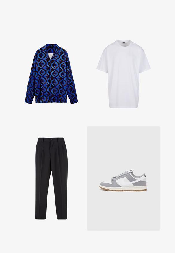Camicia blu e marrone a motivo con colletto, caratterizzata da disegni ondulati e accenti floreali. Maniche lunghe e chiusura a bottone.; Maglietta bianca in cotone con maniche corte, scollatura rotonda, vestibilità comoda e senza loghi o motivi visibili. Texture liscia e design minimale.; Pantaloni neri con design a pieghe sul davanti, realizzati in tessuto morbido. Presentano una chiusura con bottone e passanti per cintura; vestibilità a gamba dritta.; Sneaker grigia e bianca con tomaia in suede e pelle, punta arrotondata, lacci piatti e soletta in gomma con un accento color caramello.