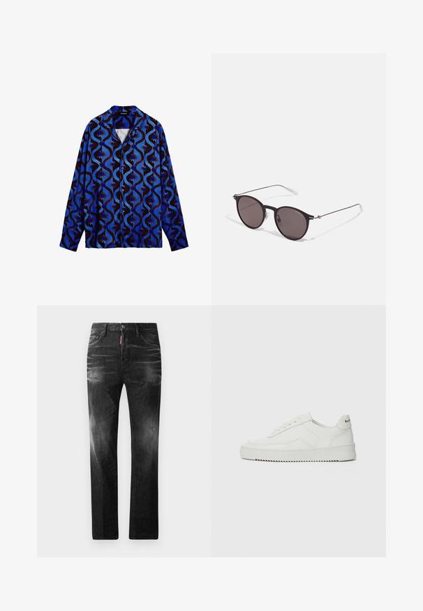 Sinine ja pruun mustriga särk, millel on krae, lainelised mustrid ja lilleaktsendid. Pikkade varrukatega ning nööpide sulgemisega.; Must must T-särk, millel on ümmargune kaelus, lühikesed варст и väljend "EMPORIO ARMANI" valgete tähtedega, mille all on kõveras kujunduses sõna "Milano".; Mustad denim püksid otse lõikega. Omavad kulunud piirkondi, väikseid kahjustusi, klassikalist viit taskut ning nööpkinnitust.; Valge nahast tennis, millel on sile põhi, ümar varvas, lamedad nöörid ja tekstuuriline tall. Sisaldab diskreetset logo kontsaribal.; Mustad mustad prillid tumedate läätsedega ja õhukeste metallist käepidemetega. Kaarja kujuga seljaosa ja hõbedased aktsendid hingel. Minimalistlik disain.