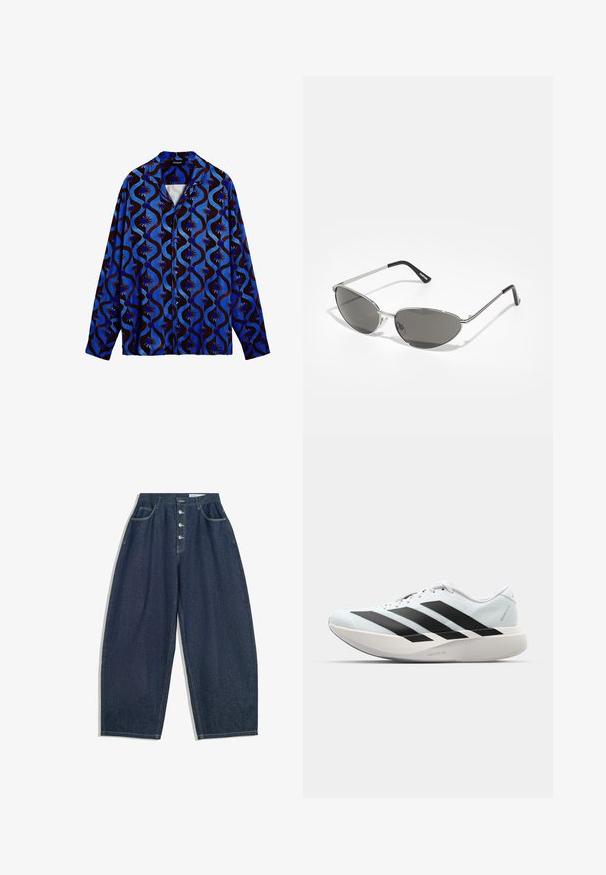 Blauw en bruin gestreept shirt met een kraag, met golvende ontwerpen en bloemaccenten. Lange mouwen en knoopsluiting.; Donkerblauwe denim brede broek met een hoge taille, vijfknopen sluiting en vijf zakken. Heeft stiksels op de naden.; Lichte hardloopschoenen in lichtblauw met zwarte strepen. Beschikt over een soepele bovenkant, ronde neusstuk en dikke witte tussenzool met het label "LIGHTSTRIKE PRO."; Zonnebril met een slank, zilveren metalen frame, grijs getinte lenzen en een aerodynamisch ontwerp met puntige randen en dunne pootjes.