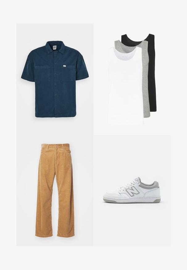 Short-sleeve navy shirt made of cotton, featuring a collared neckline, two chest pockets, and a small label on the left side.; Three tank tops in white, gray, and black. Each features a classic sleeveless design, made from lightweight cotton fabric with a ribbed texture.; Corduroy wide-leg pants in a tan color. Features textured, vertical ridges, with a standard waistband and two front pockets.; White leather sneakers with gray accents, featuring perforated toe box, flat laces, and a patterned sole. New Balance logo on the side.